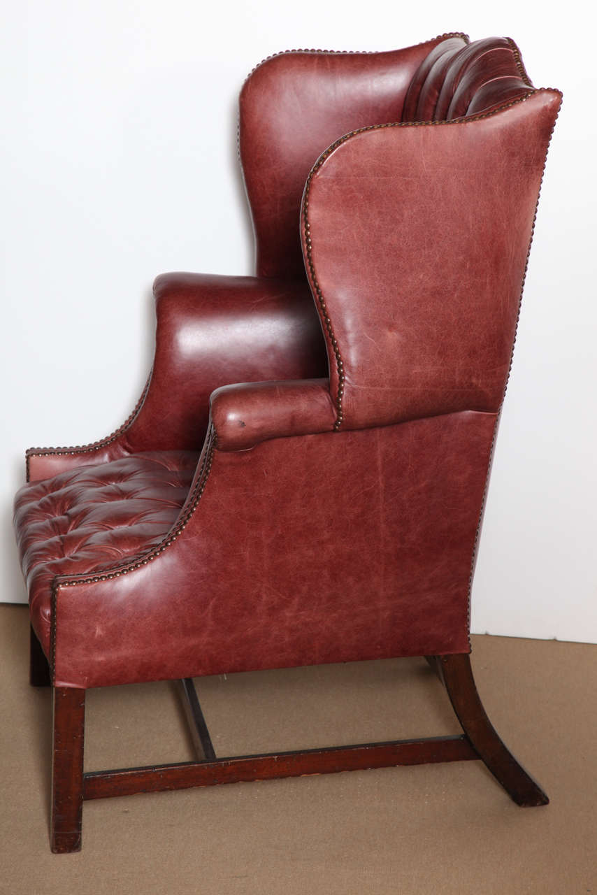 19th Century English, Mahogany and Tufted Leather Wing Chair 1