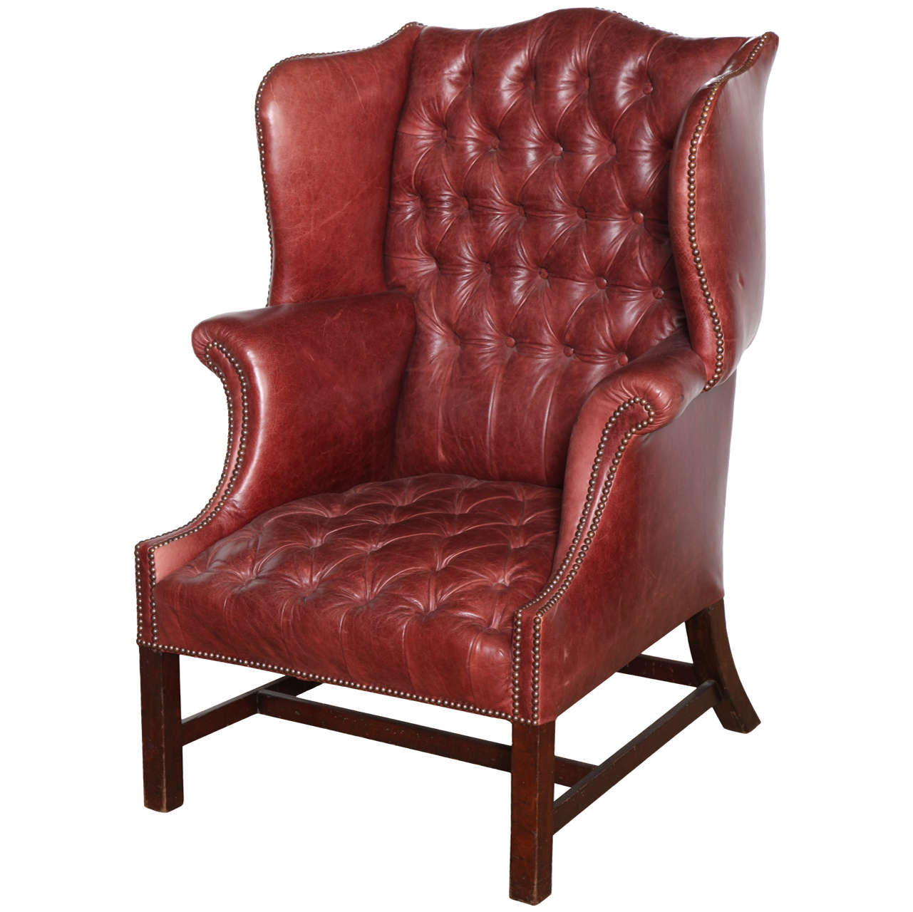 19th Century English, Mahogany and Tufted Leather Wing Chair