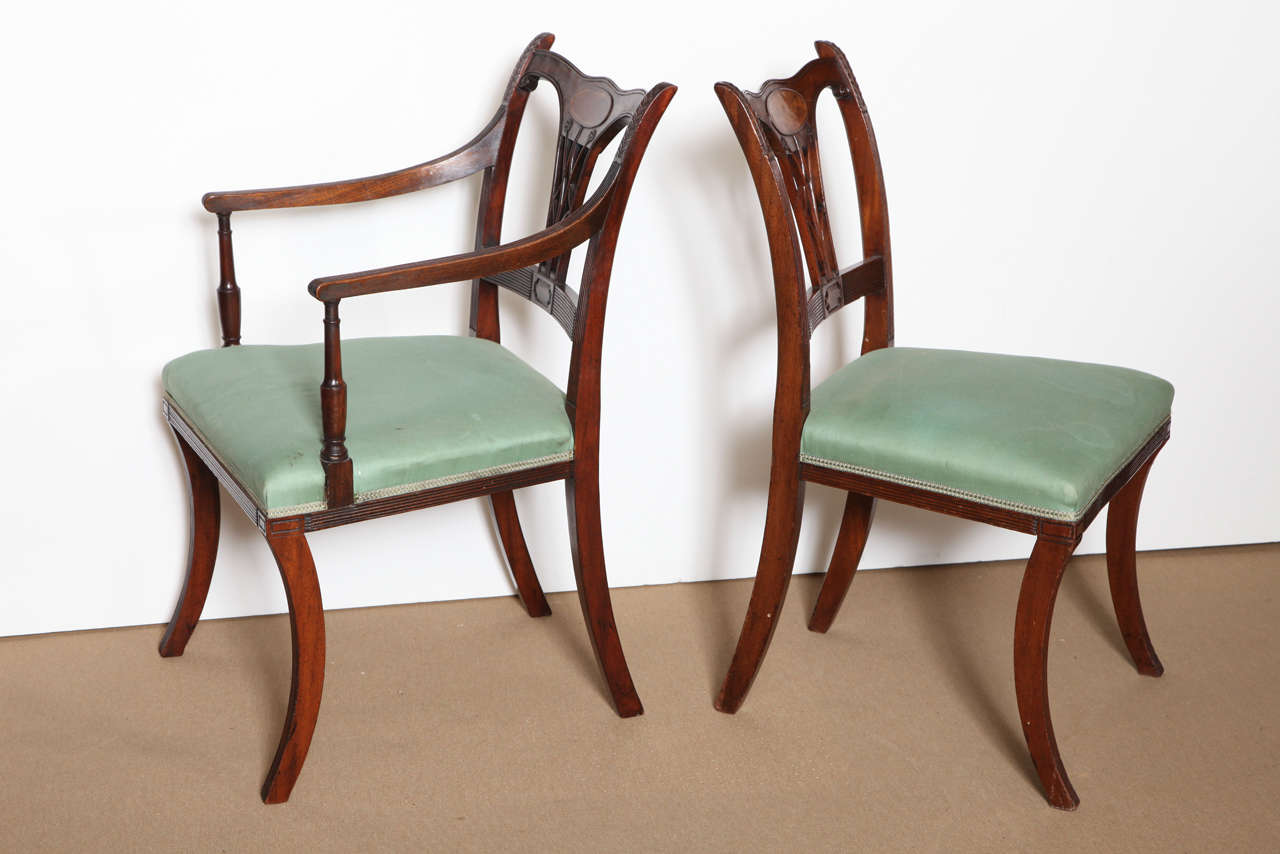 Exceptional Set of Eight, 19th Century Irish Regency, Mahogany
Dining Chairs , Consisting of Two Carvers and Six Side Chairs