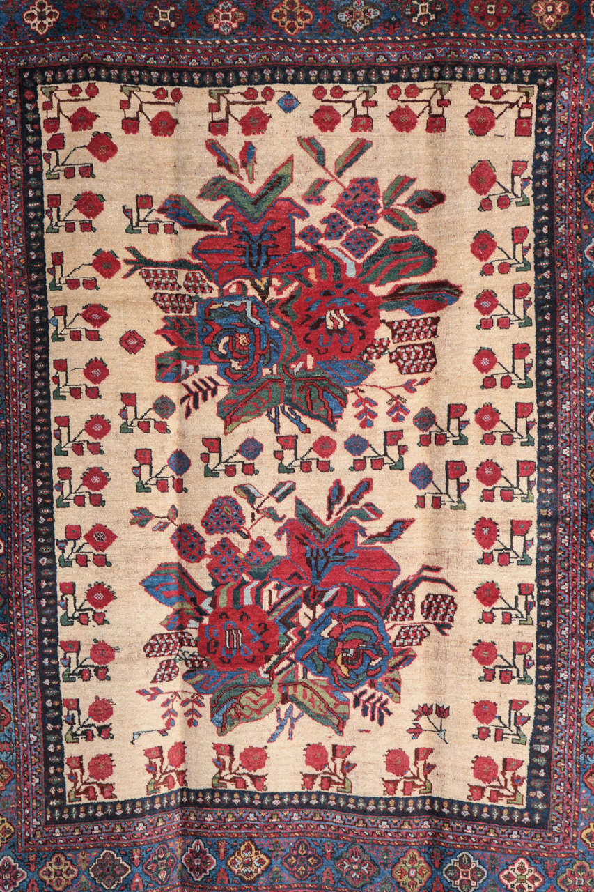Vegetable Dyed Antique 1890s Persian Afshar Rug, Floral Motif, Wool, 5' x 6' For Sale