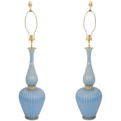 Pair of Tall Mid Century Blue Murano Glass Lamps by Barovier and Toso