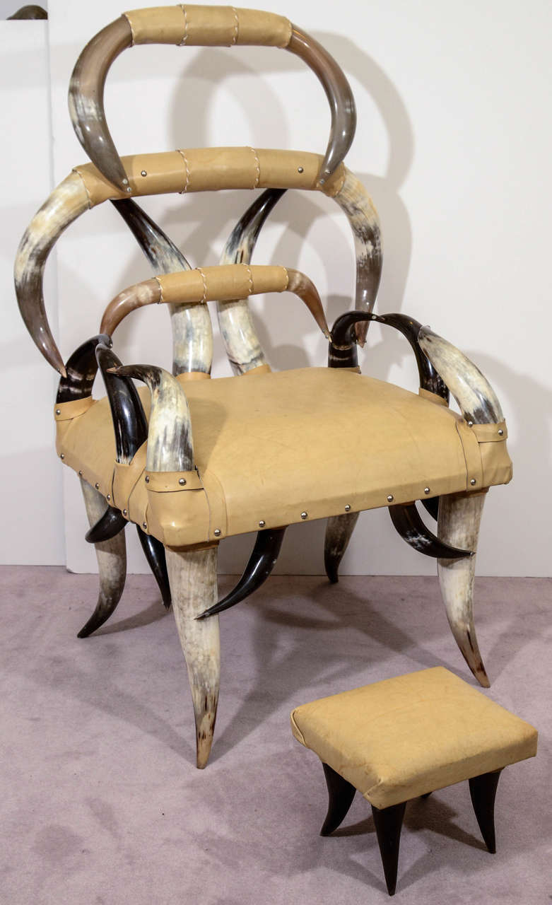 Mid Century Leather and Horn Armchair and Footstool