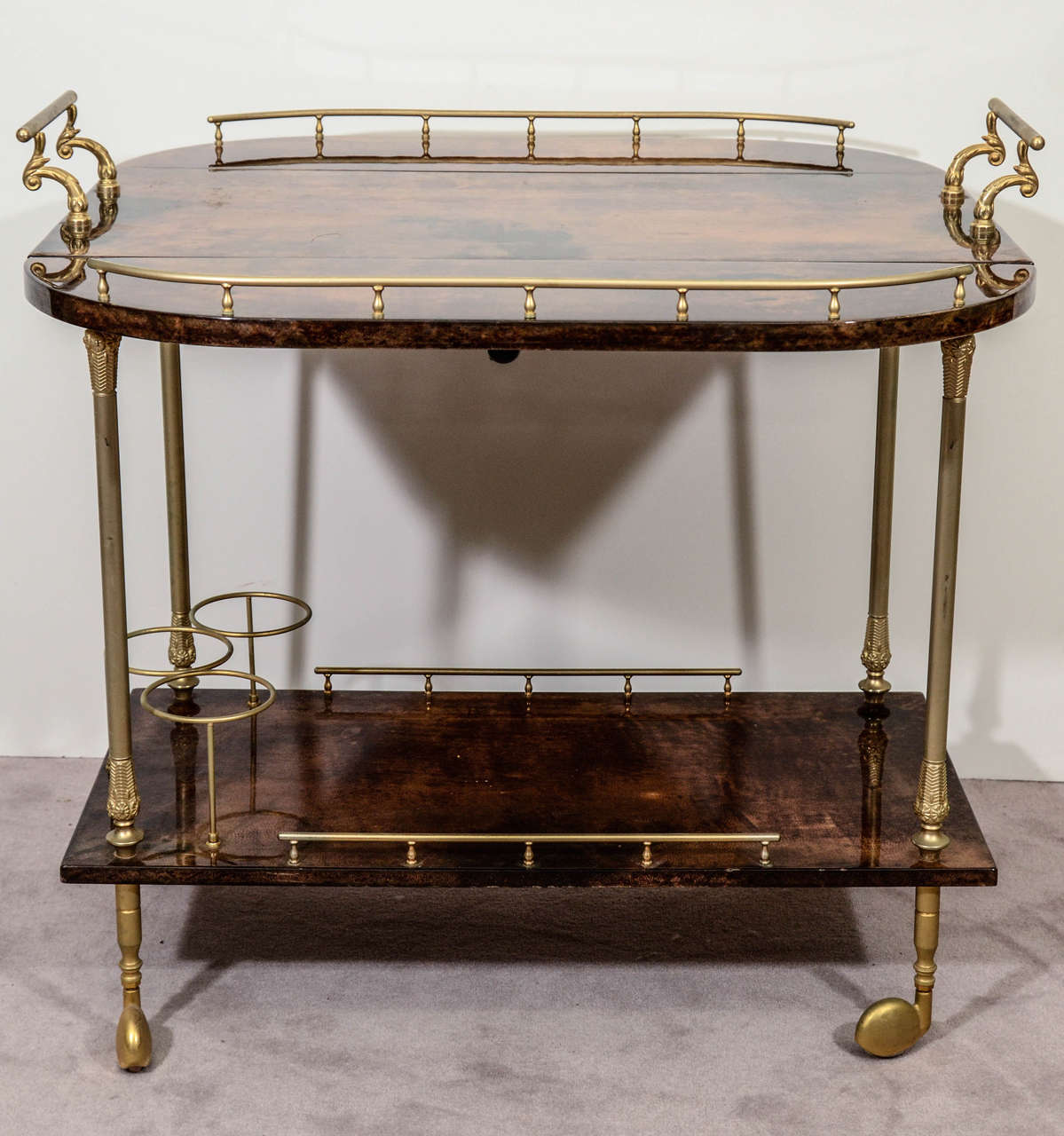 Mid Century Aldo Tura Lacquered Goatskin Bar Cart with Fold-up Sides