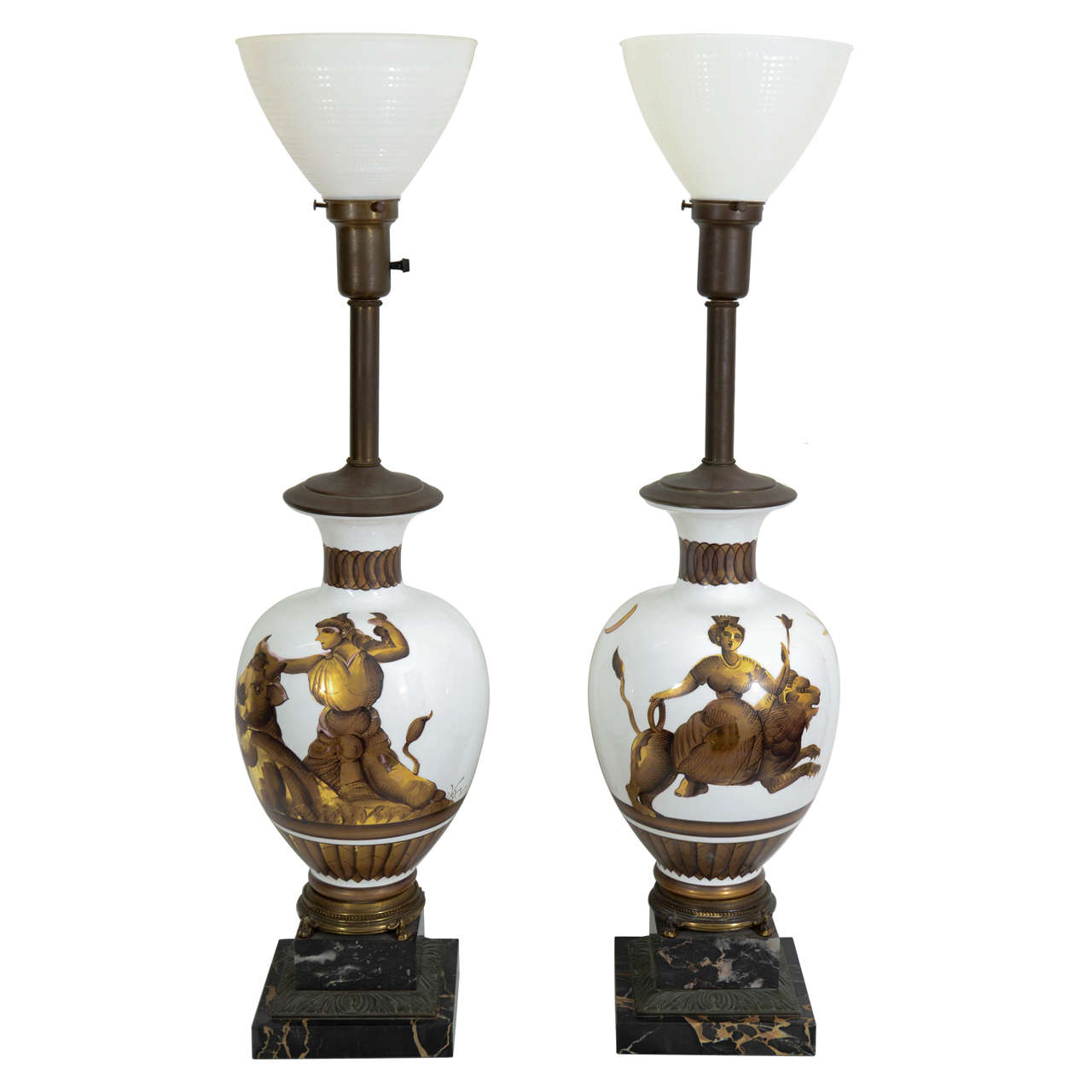 A Midcentury Pair of Tommi Parzinger Classical Motif Lamps For Sale