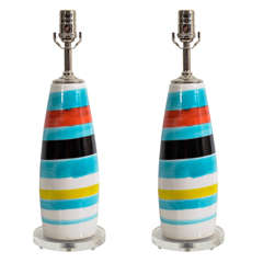 Pair of Mid Century Italian Ceramic Table Lamps with Lucite Base