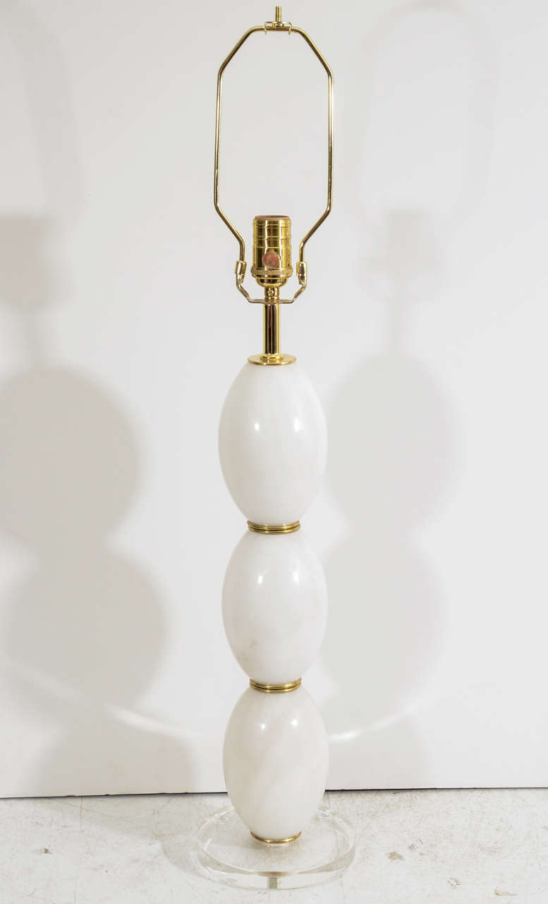 Pair Mid Century Alabaster Table Lamps with Brass and Lucite Accents