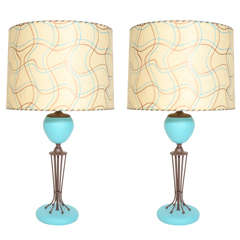 turquoise bedside lamps Pair of Mid Century Turquoise Blue and Brown Table Lamps