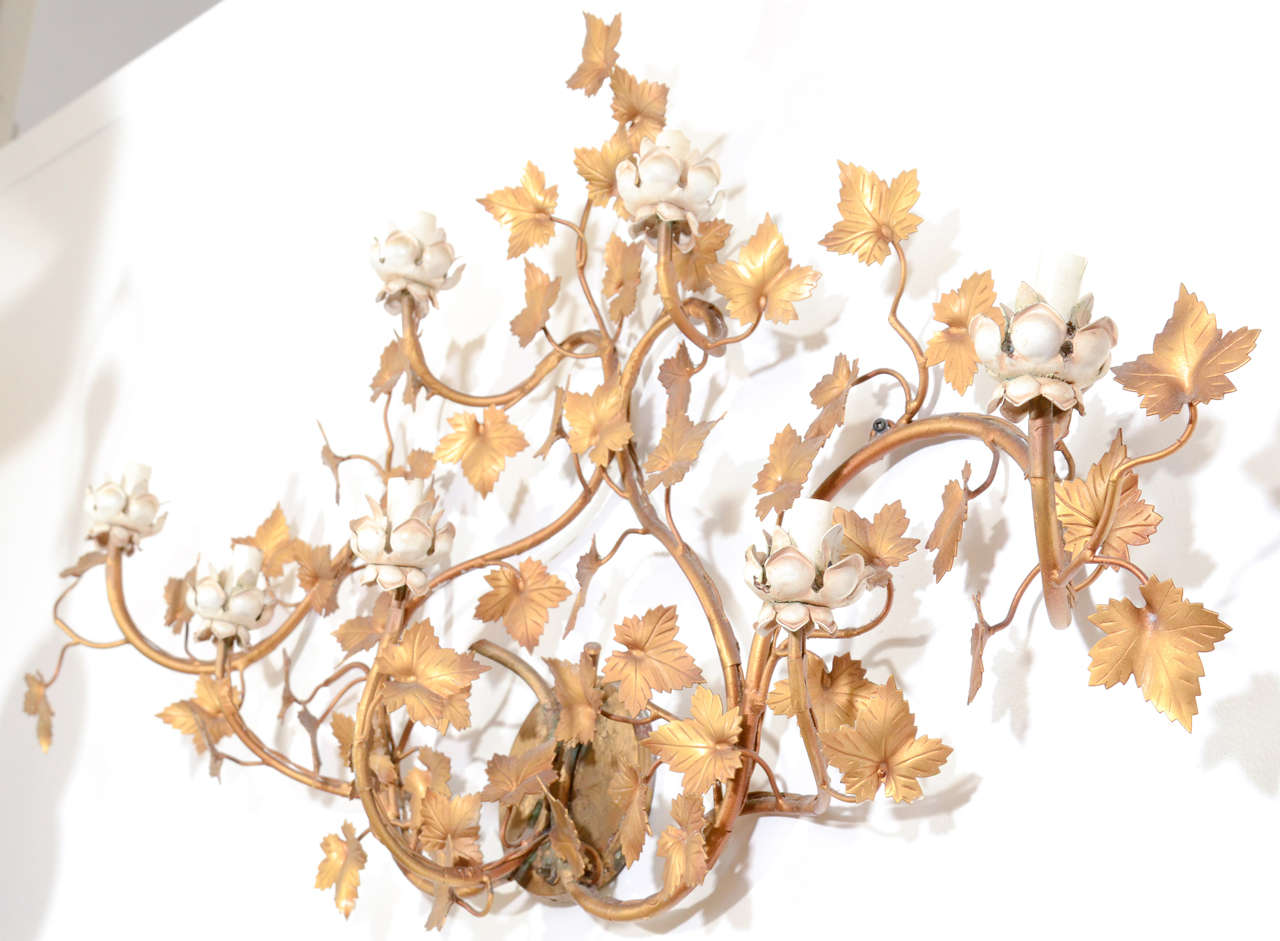 20th Century Mid Century Sculptural Floral Gold Leaf Five Light Wall Sconce