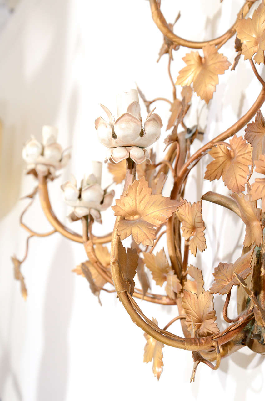 Metal Mid Century Sculptural Floral Gold Leaf Five Light Wall Sconce
