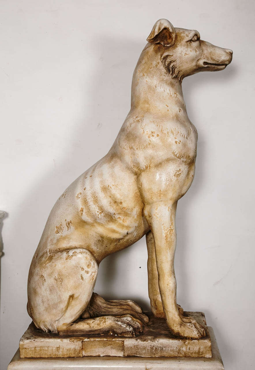 19 th Italie Pair of greyhounds in marble with marble base measures 71 cm in height. width 70 cm. depth of 36 cm.