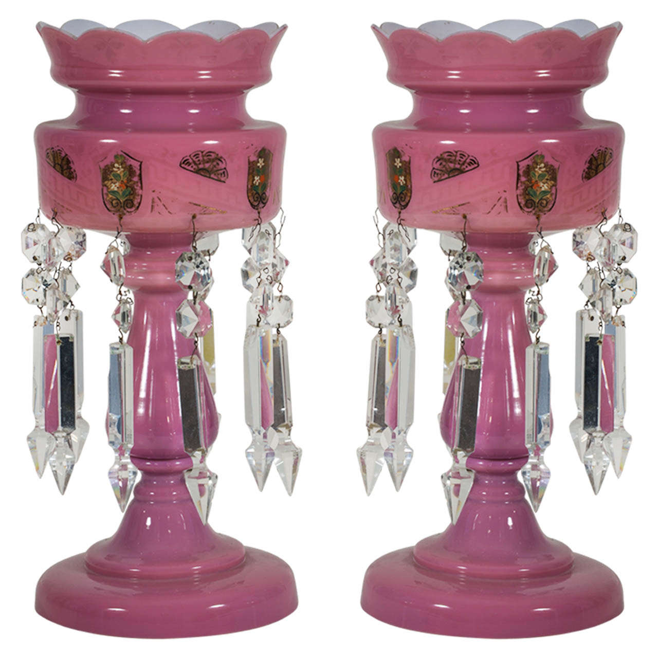 Pair of Antique Victorian 1800s Bohemian Pink Overlay Glass Lusters For Sale