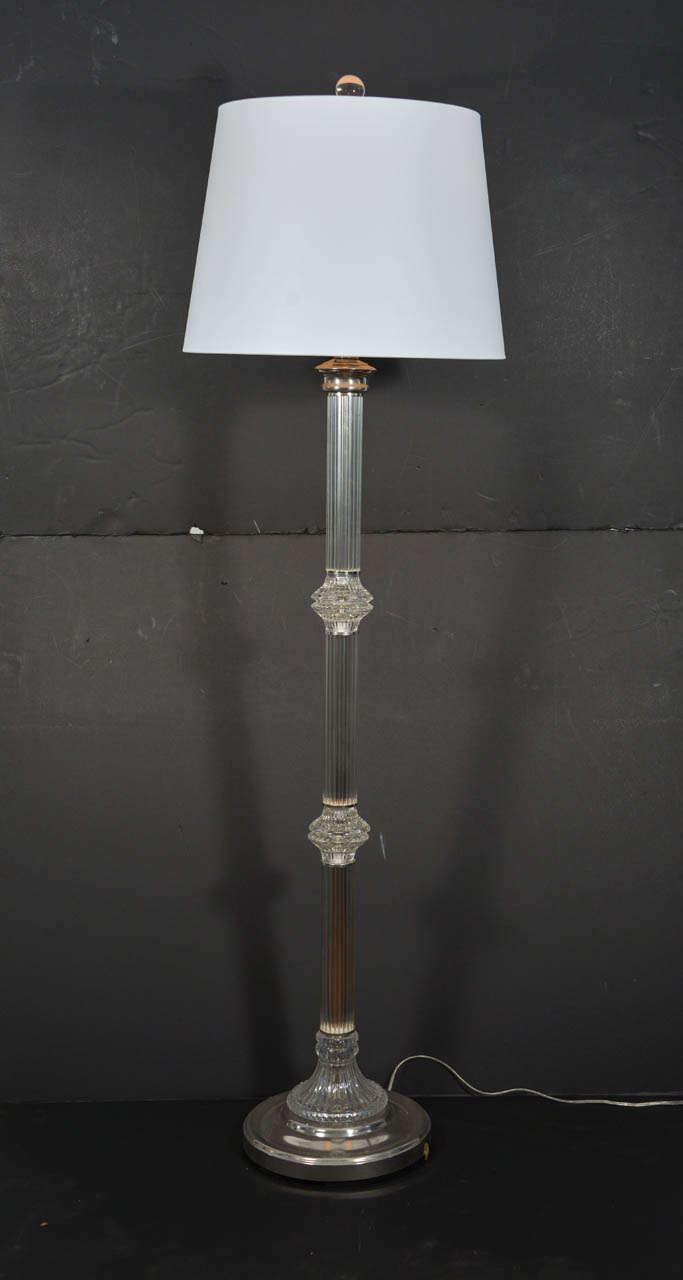 Ribbed Crystal Glass Floor Lamp with polished nickle appointments,  priced without lamp shade.  Shade shown is  18