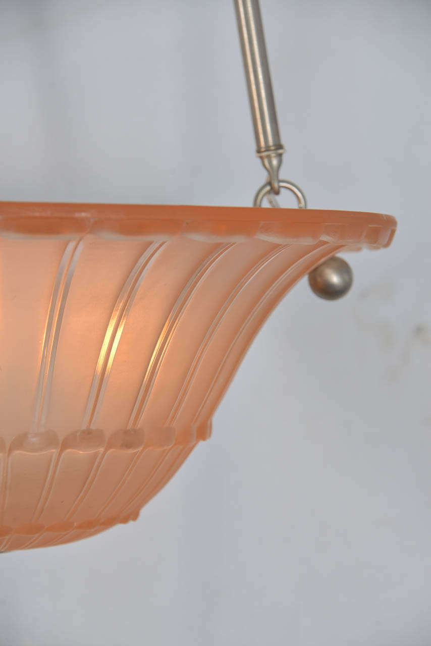 Pink Art Deco Bowl Chandelier In Excellent Condition For Sale In Austin, TX