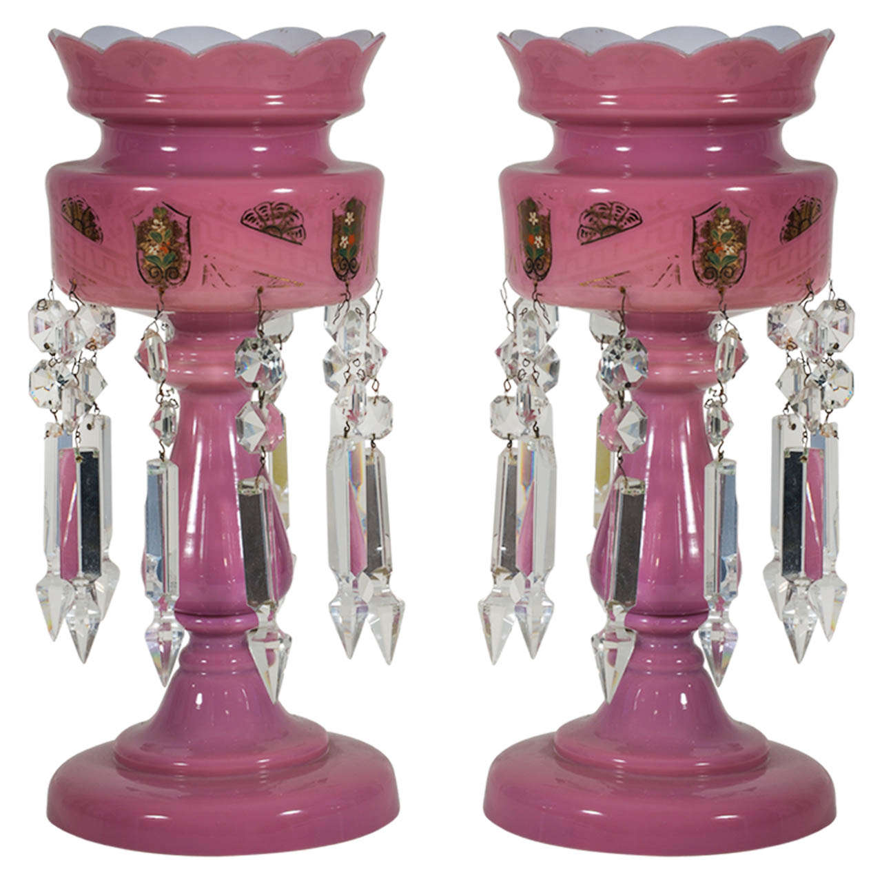 Pair of Antique Victorian 1800s Bohemian Pink Overlay Glass Lusters For Sale at 1stDibs