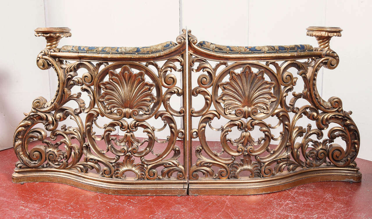 2 pieces gold leaf carved balustrades from Italy covered with Aubusson tapestry (circa: 1870). These elements probably belonged to a church serving as a barrier for no trespassing. A wonderful accent for a room divider, a fireplace screen, or a