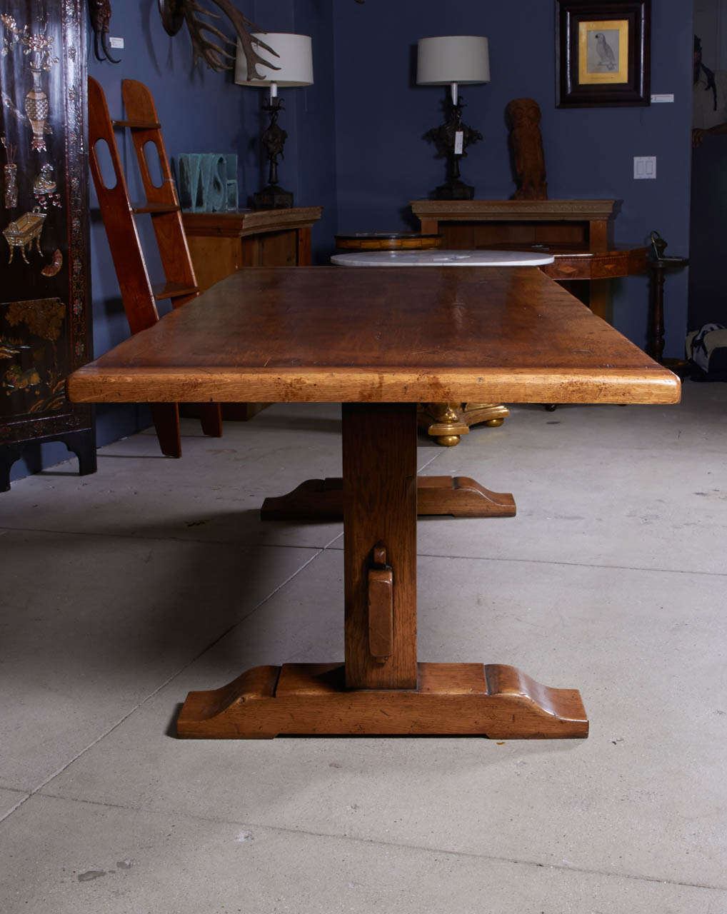 American Oak Dining Table with Trestle Supports For Sale
