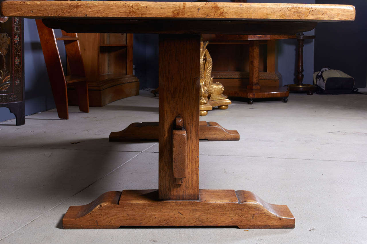 Oak Dining Table with Trestle Supports In Excellent Condition For Sale In Stonington, CT