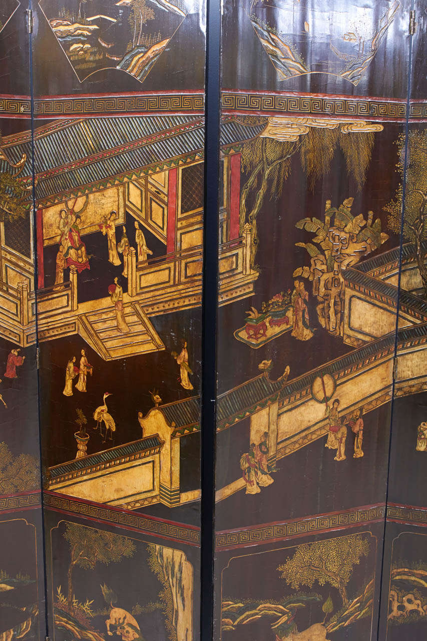 Chinese Black and Polychrome Coromandel Lacquer 8 Panel Screen 2