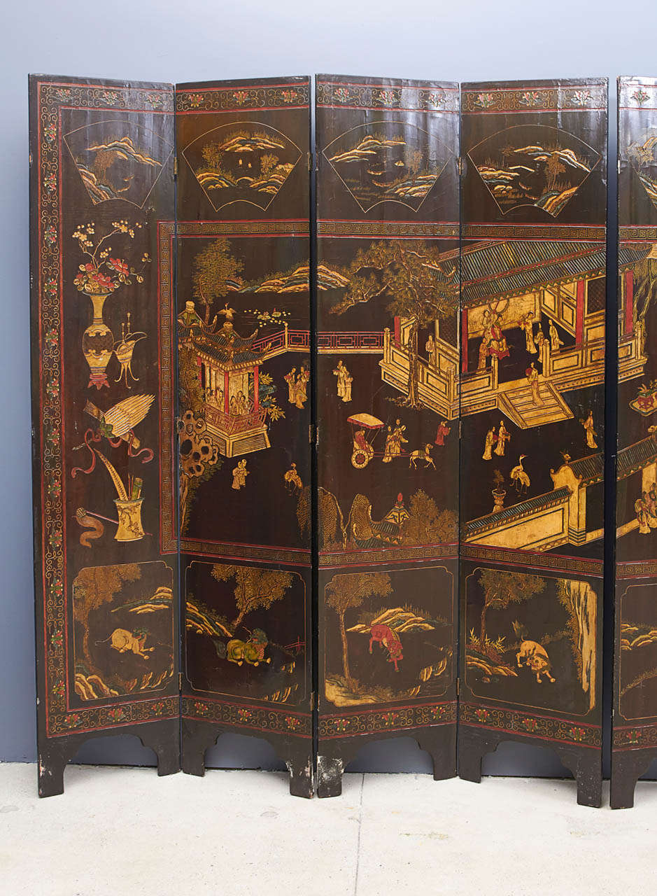 Chinese Black and Polychrome Coromandel Lacquer 8 Panel Screen 3