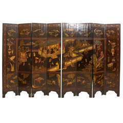 Chinese Black and Polychrome Coromandel Lacquer 8 Panel Screen