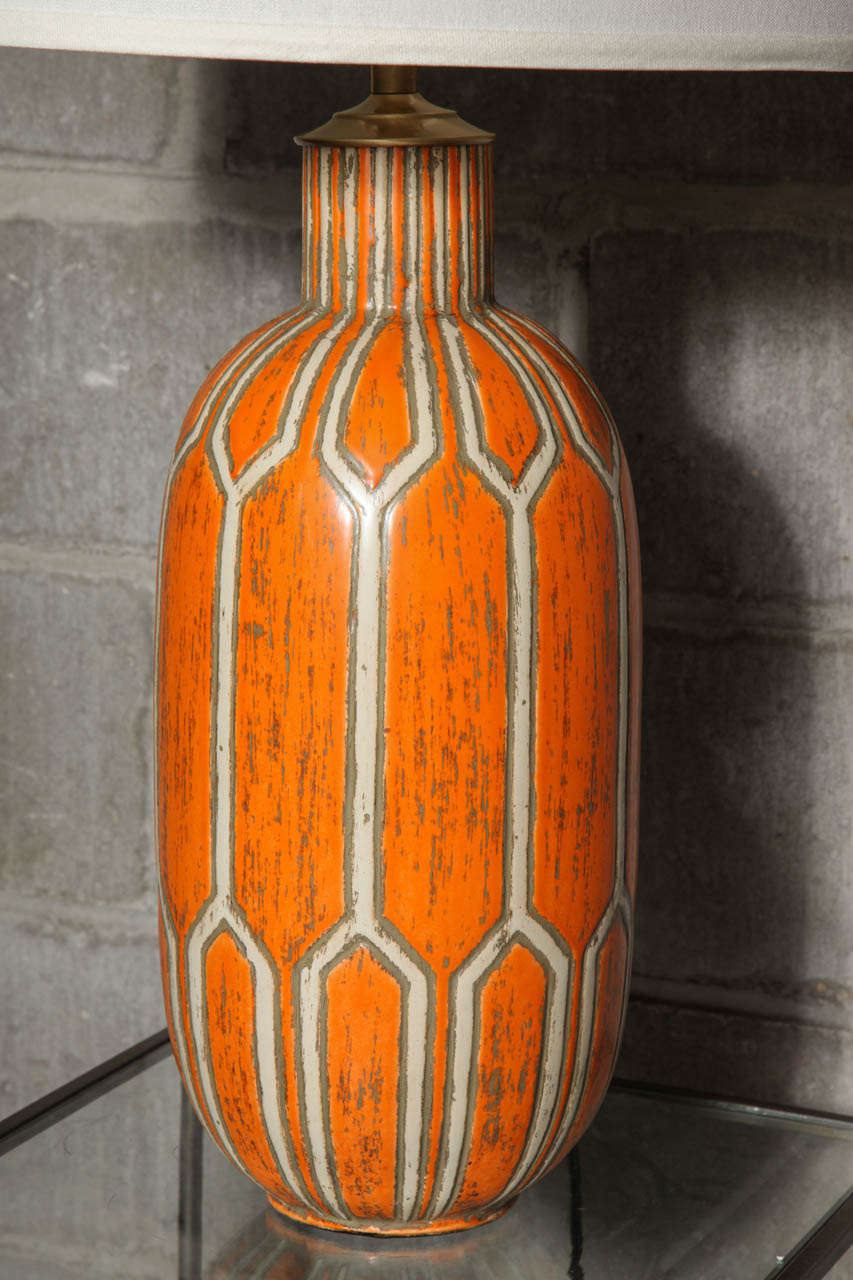 Mid-Century Modern Pair of Orange Ceramic Lamps For Sale