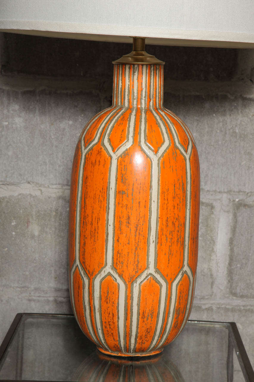 American Pair of Orange Ceramic Lamps For Sale