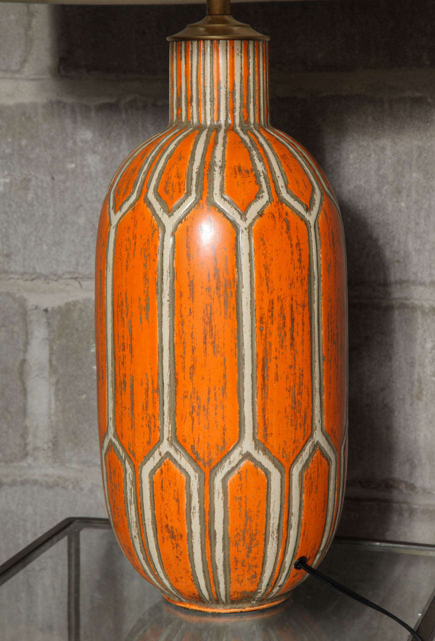 Pair of Orange Ceramic Lamps For Sale 1