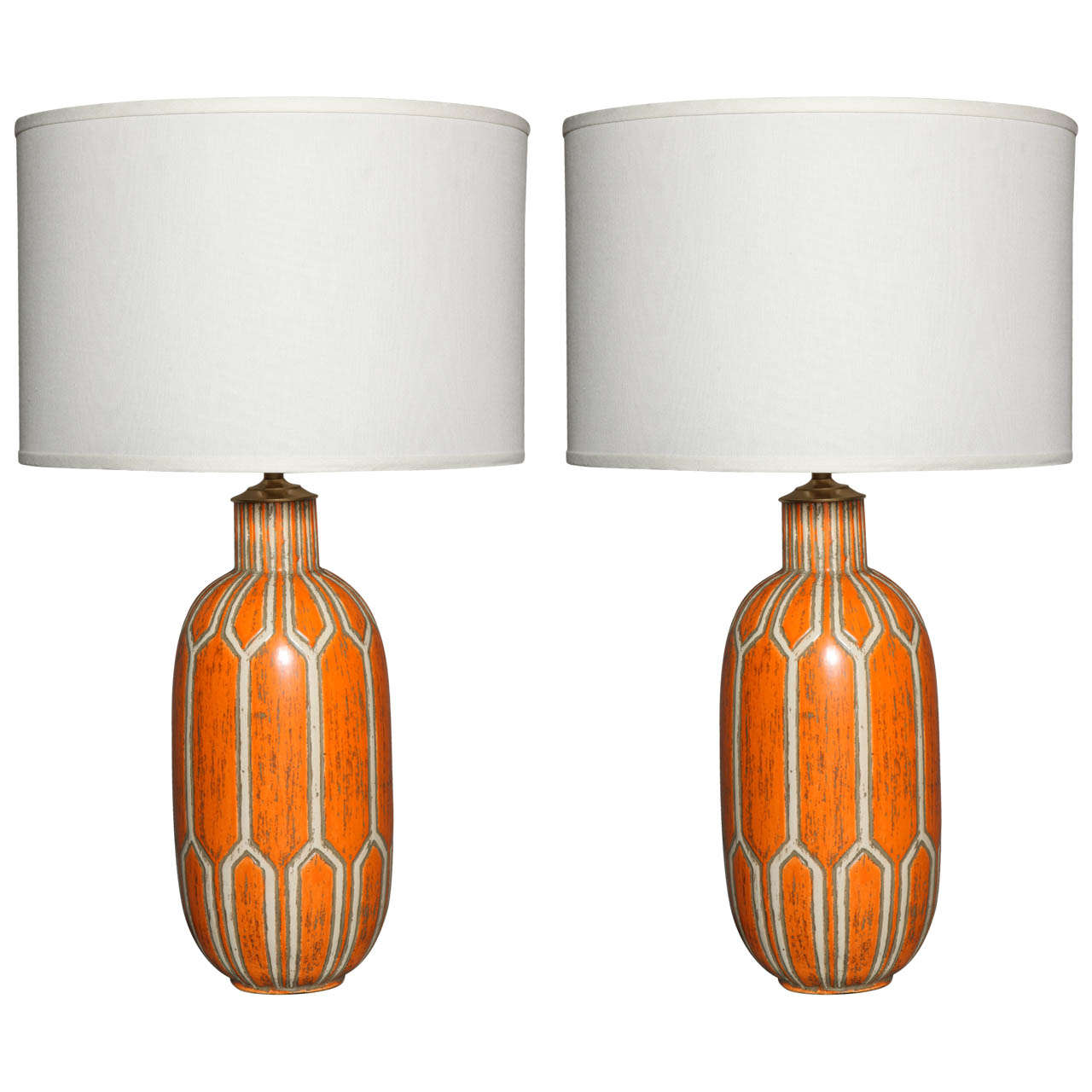 Pair of Orange Ceramic Lamps For Sale