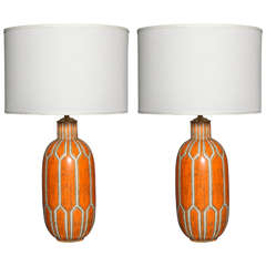 Pair of Orange Ceramic Lamps