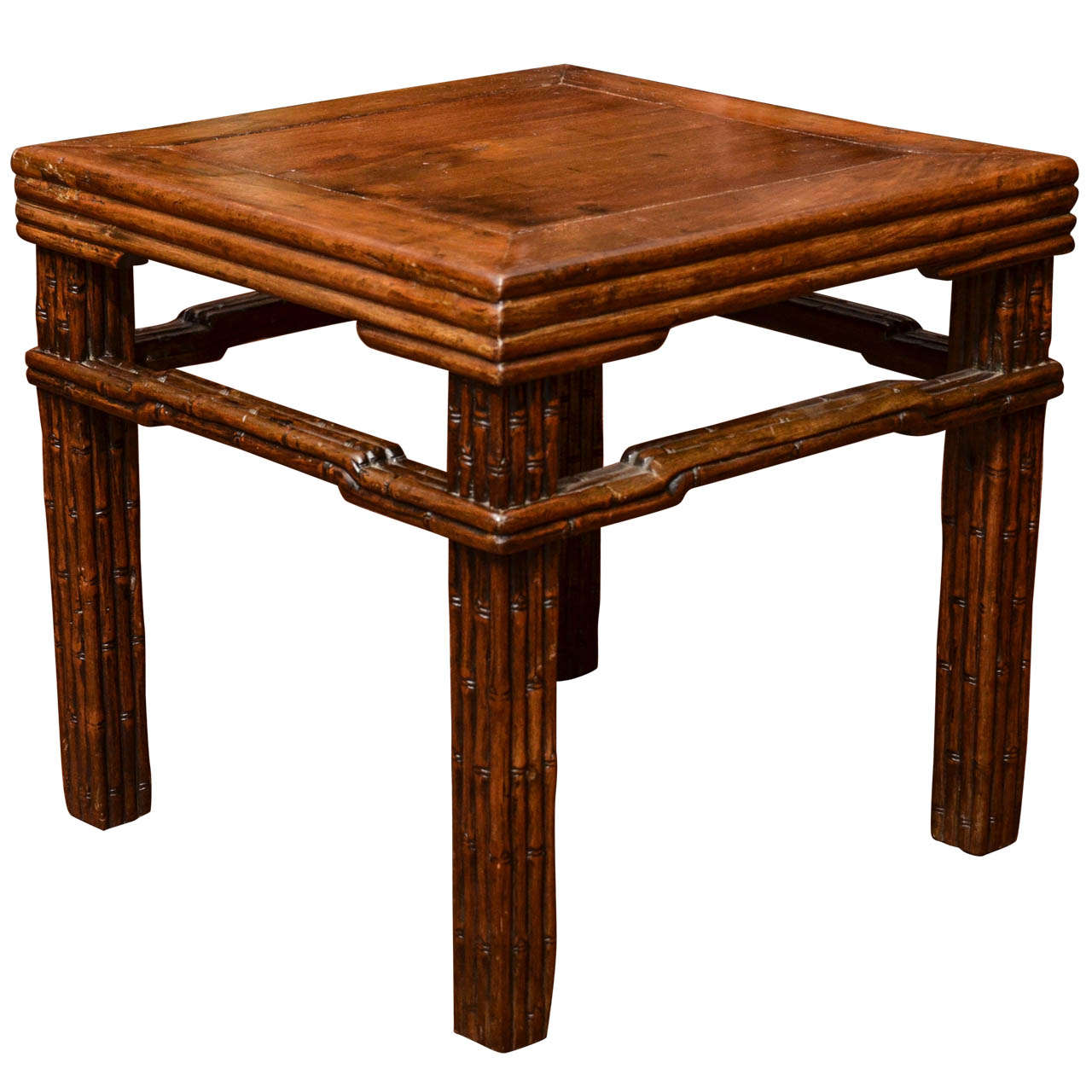 Turn of the Century Qing Dynasty Southern Elm Carved Faux Bamboo Stool For Sale