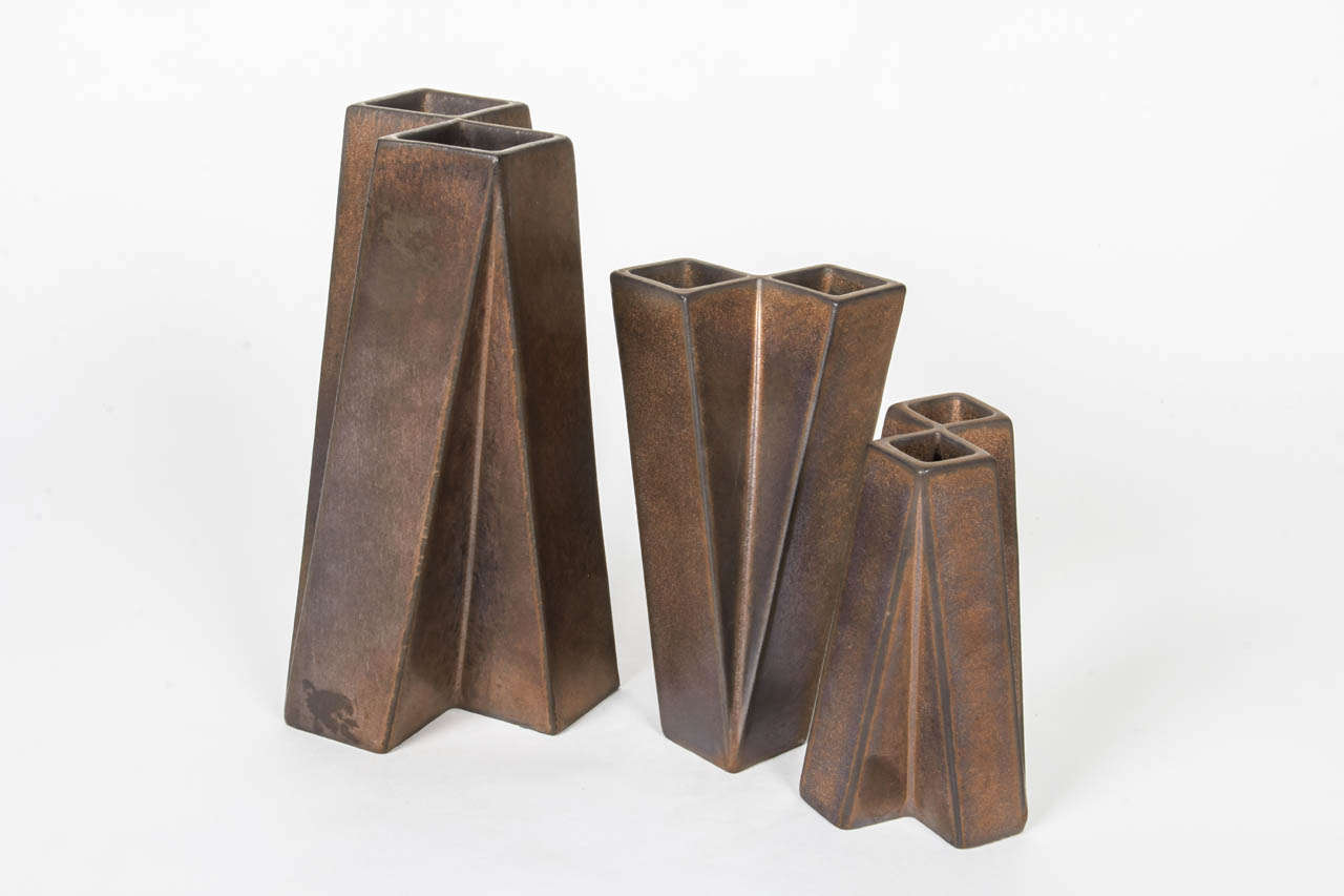 Jan Van Der Vaart, Dutch Avant-Garde Pottery Three Squared Tubular Vases, 1979 In Excellent Condition For Sale In New York, NY