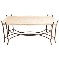 Faux-Bois Iron Base Limestone Top Coffee Table with Scalloped Edge