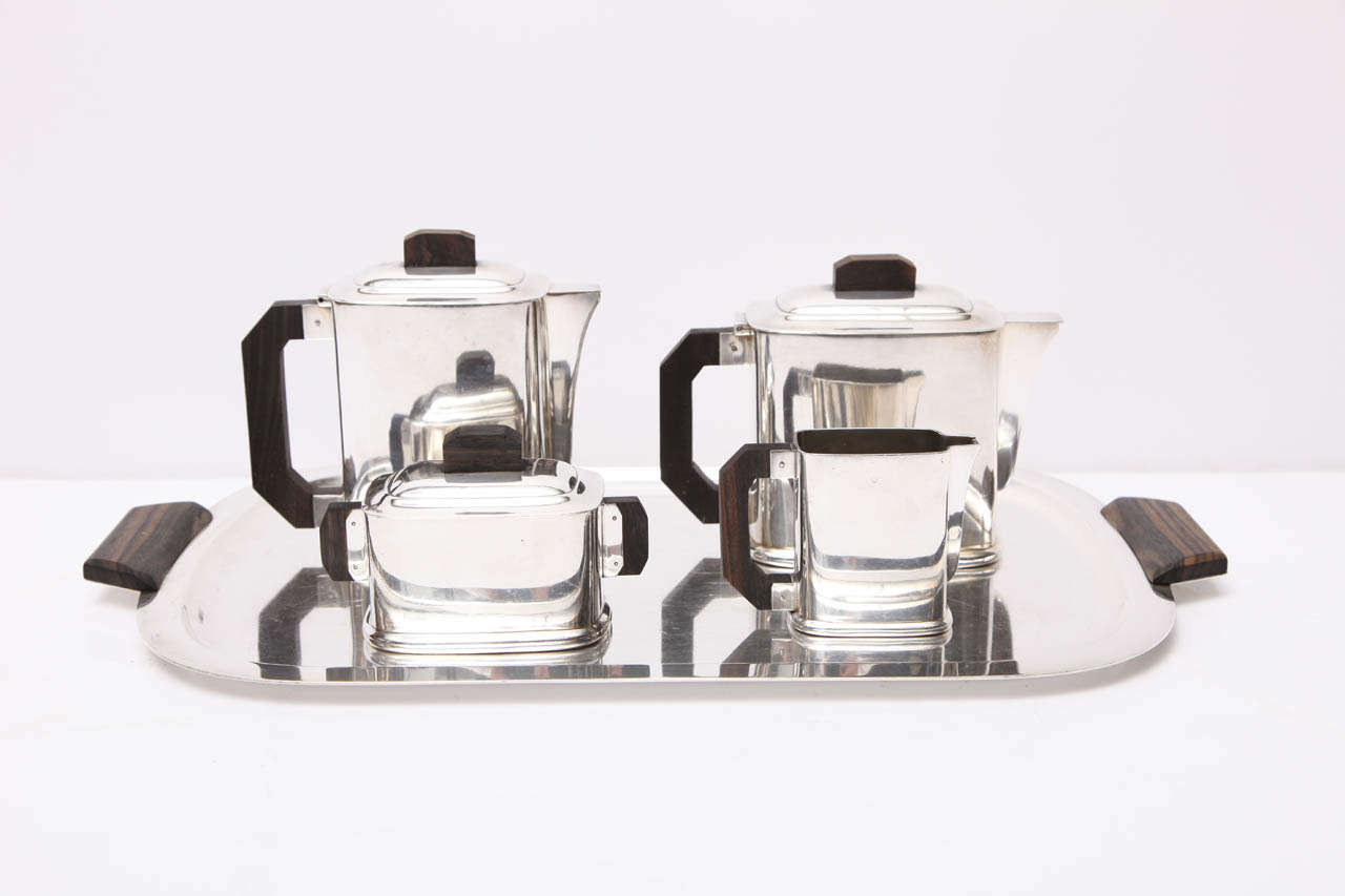 A silver plated Art Deco tea and coffee service with Macassar ebony handles, by Ercuis

Each piece is stamped 