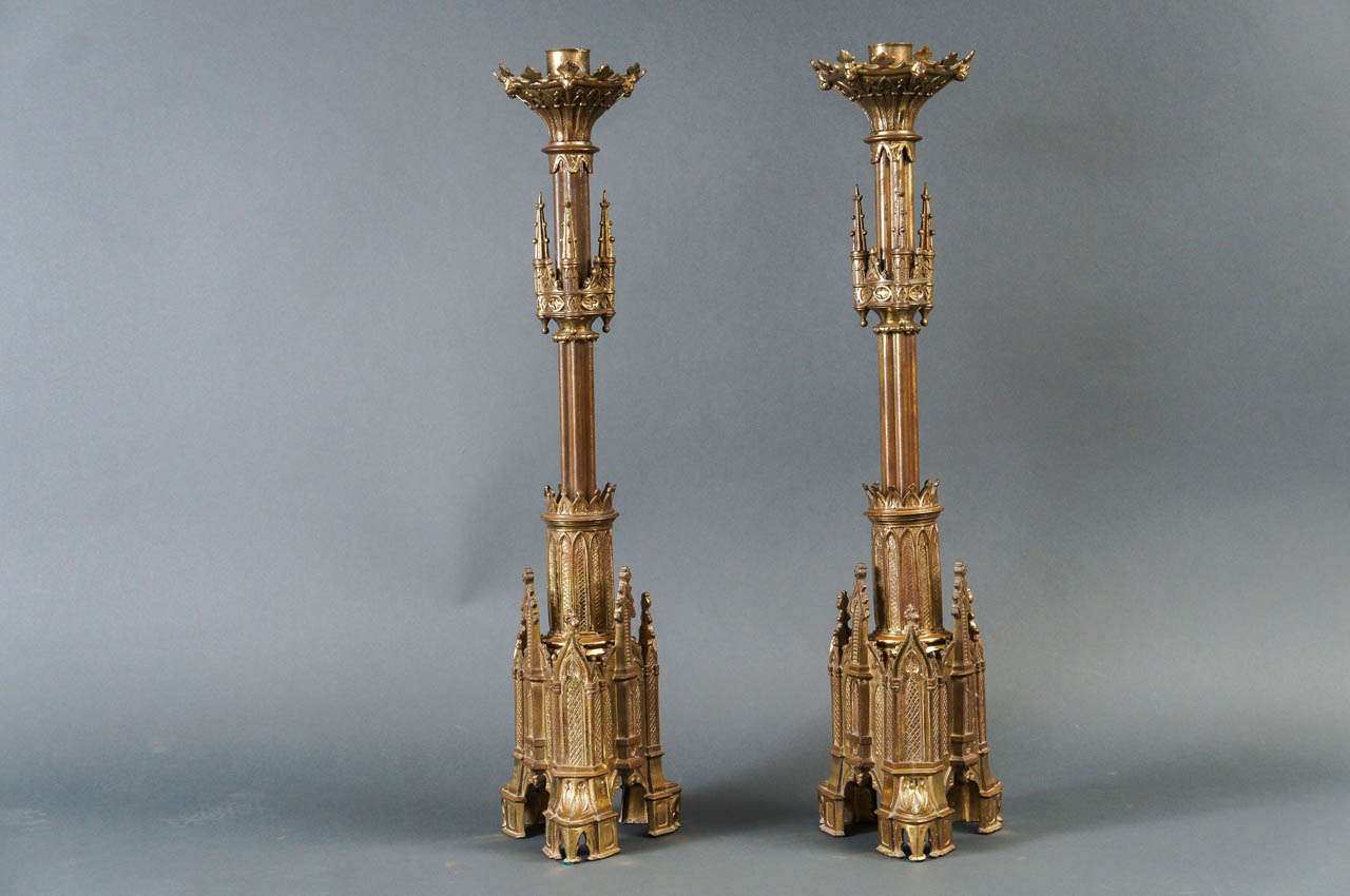 Pair of Gothic style candlesticks, from the Astor Estate.