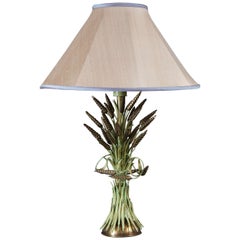 Single Brass and Green Painted Tole Wheat Sheaf Lamp