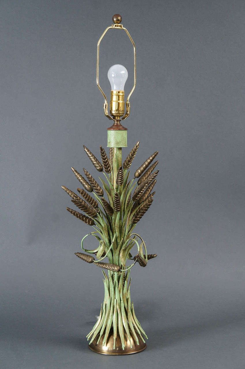 Mid-20th Century Single Brass and Green Painted Tole Wheat Sheaf Lamp