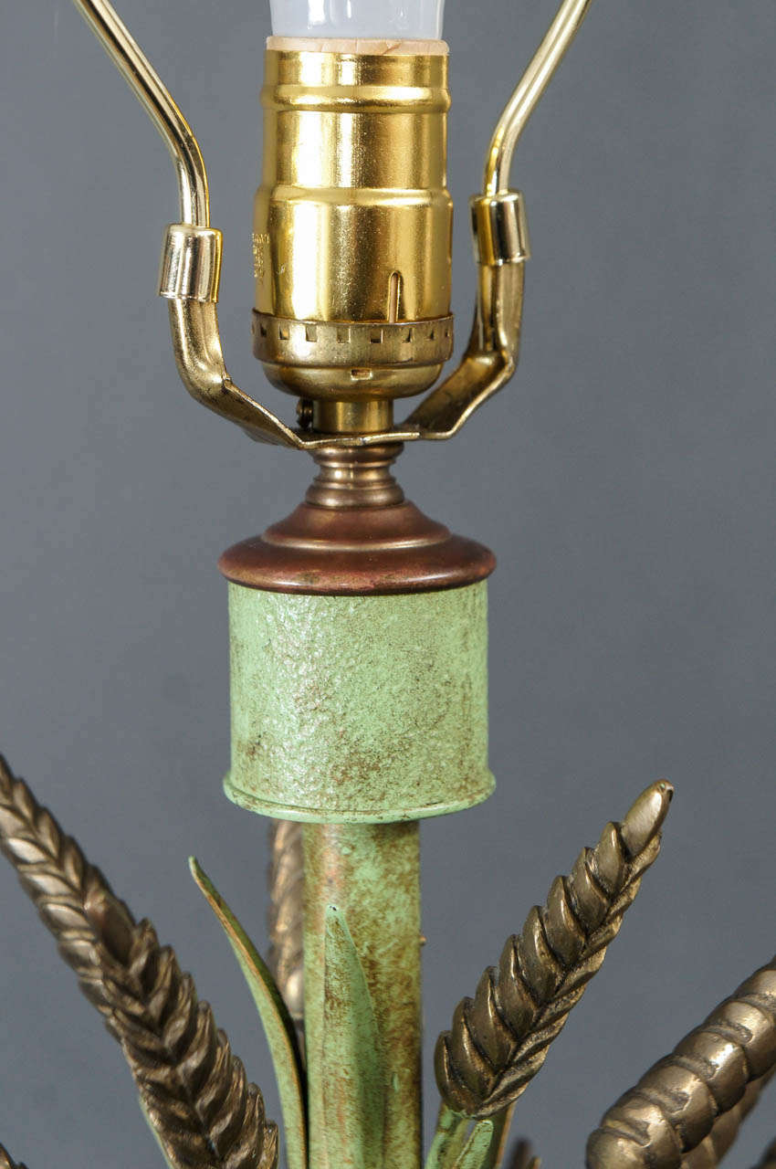 Single Brass and Green Painted Tole Wheat Sheaf Lamp 1
