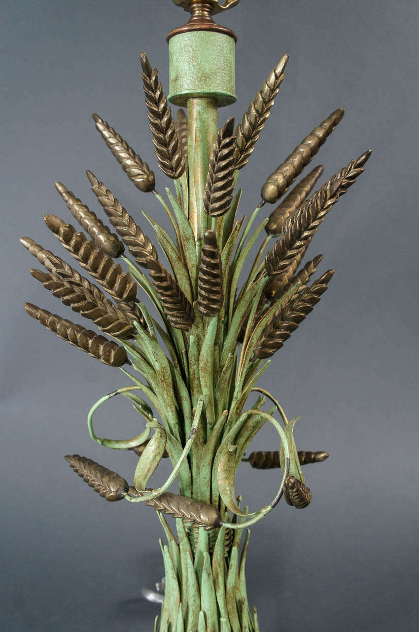 Single Brass and Green Painted Tole Wheat Sheaf Lamp 2