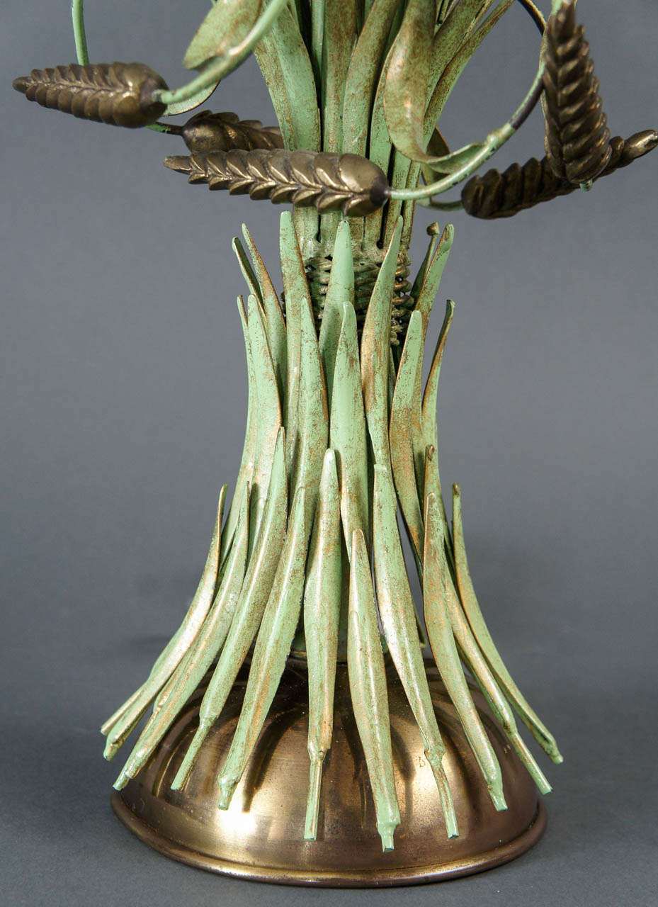 Single Brass and Green Painted Tole Wheat Sheaf Lamp 5