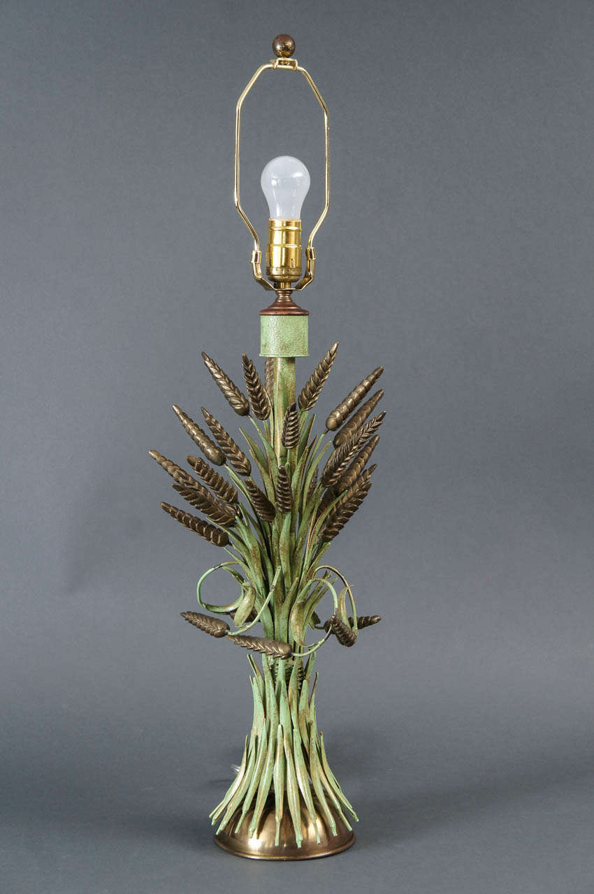 Single Brass and Green Painted Tole Wheat Sheaf Lamp For Sale at 1stDibs