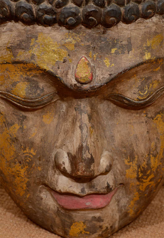 Large 19 th Century Carved Wood Buddha Head 1