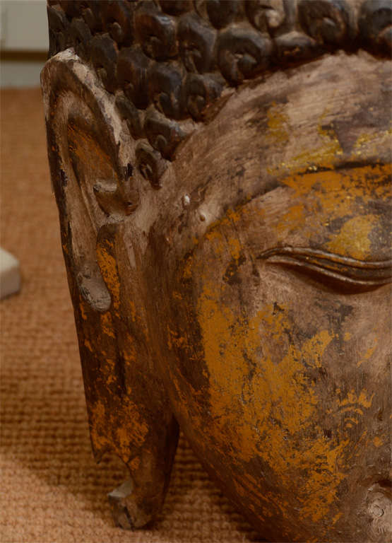 Large 19 th Century Carved Wood Buddha Head 2
