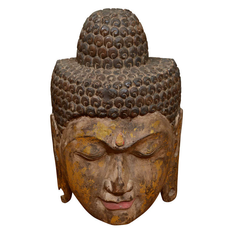 Large 19 th Century Carved Wood Buddha Head