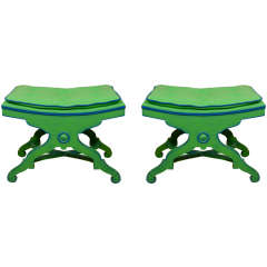 Pair of Green Painted Wood and Flannel Benches