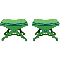 Pair of Green Painted Wood and Flannel Benches