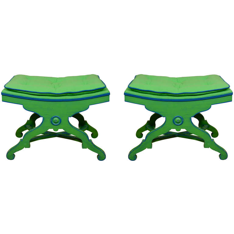 Pair of Green Painted Wood and Flannel Benches