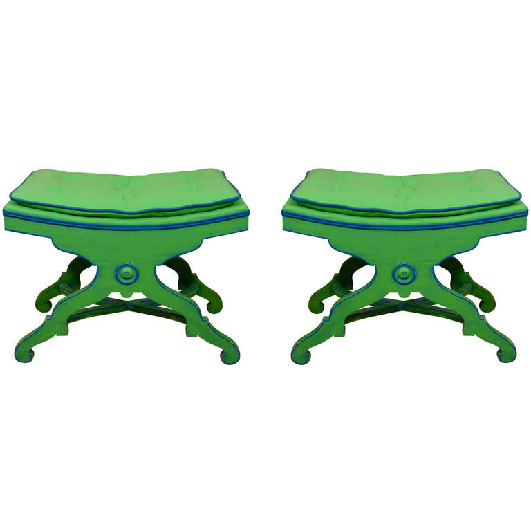 Pair of Green Painted Wood and Flannel Benches