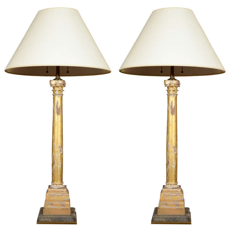 Pair of Giltwood Lamps in the Form of Corinthian Columns For Sale