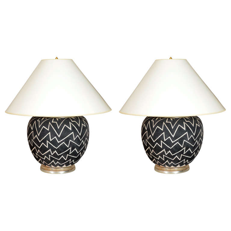 A Pair of 1950s Earthenware Lamps with Zig-Zag Decoration