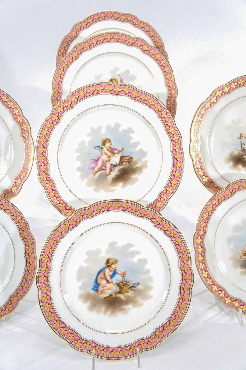 French Set of 10 Choisy Sevres-Style Cabinet Plates With Putti